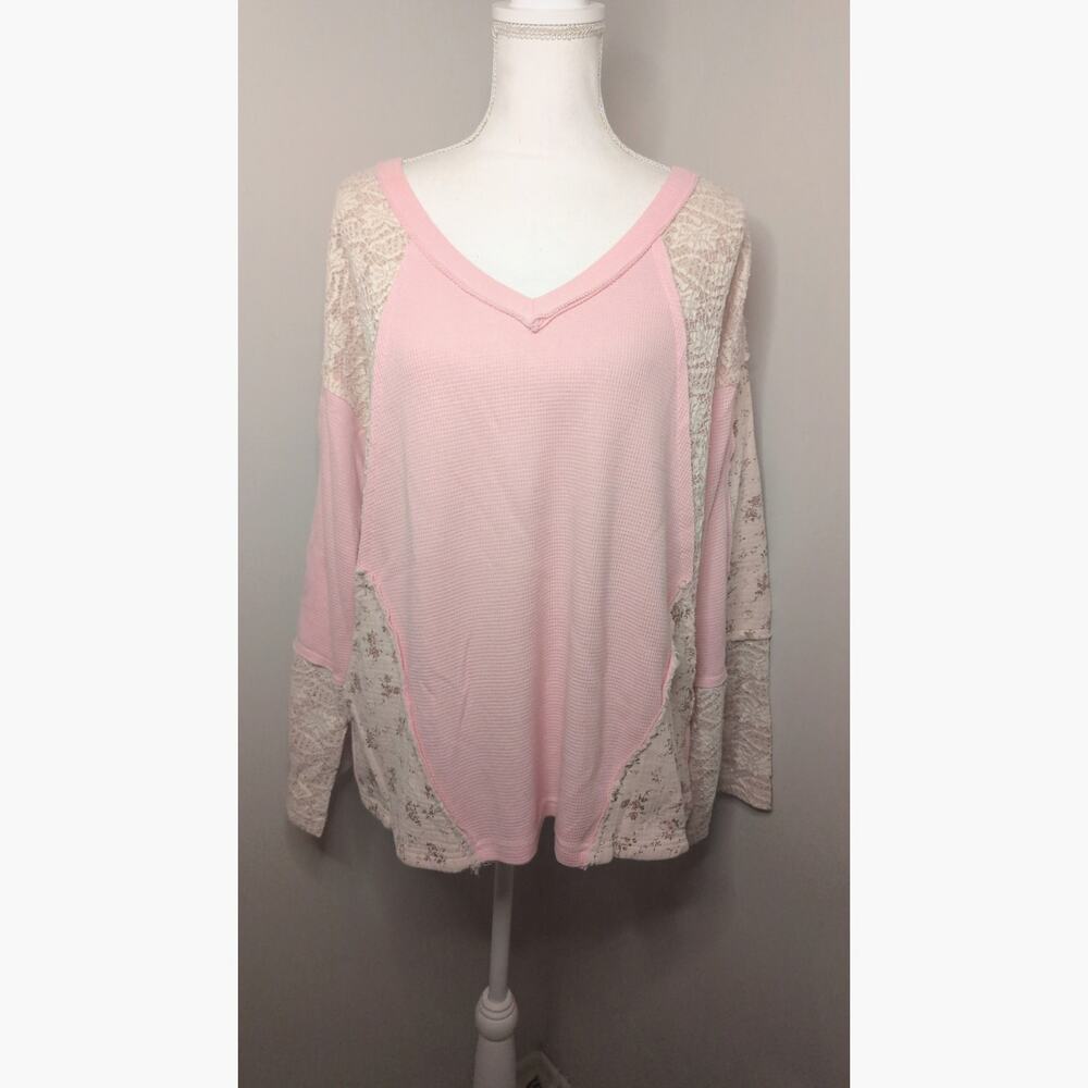 POL Pink Waffle Knit Lace Patchwork V-Neck Top Medium